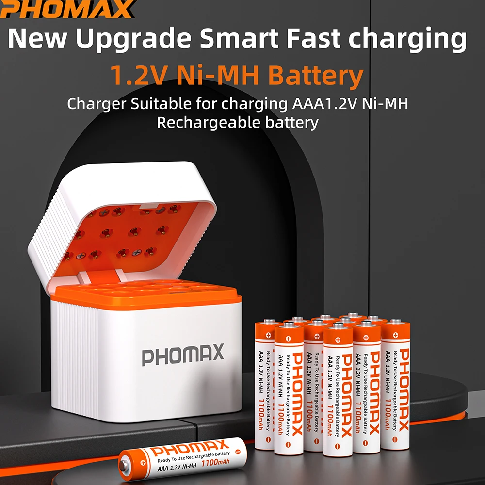 PHOMAX AAA Ni-MH 1,2 V wiederaufladbare Batterie und schnelle 12-Slot-Ladebox, 1100 mAh Batterien für LED-Taschenlampe, Laterne, Lampe, Kamera
