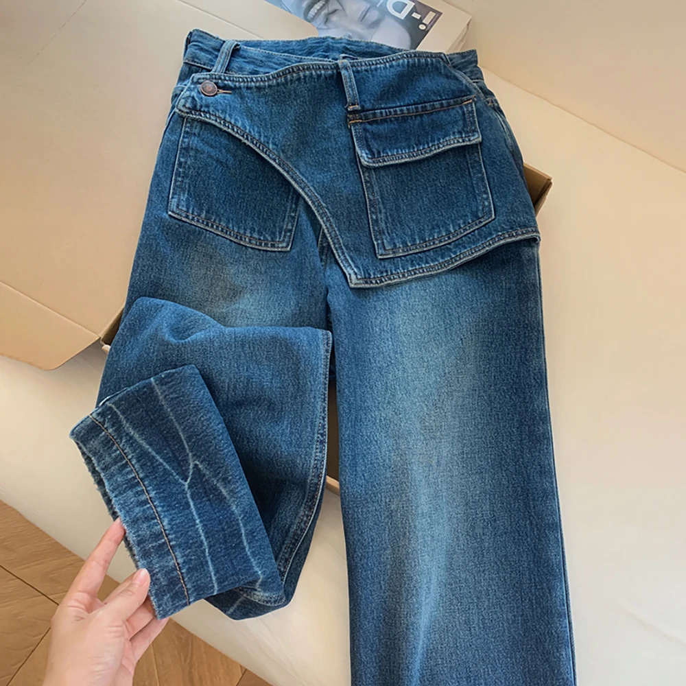 Nep tweedelige donkerblauwe jeans dames Amerikaanse stijl hoge taille smalle denim broek met rechte pijpen Designer Lady losse volledige broek