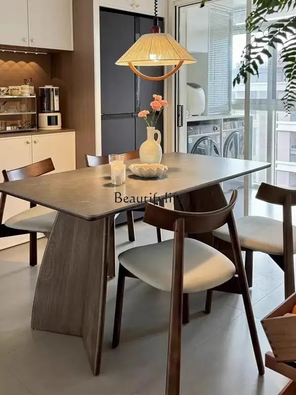 

Solid wood rock slab dining table Modern simple walnut household Italian minimalist gray rectangular dining table