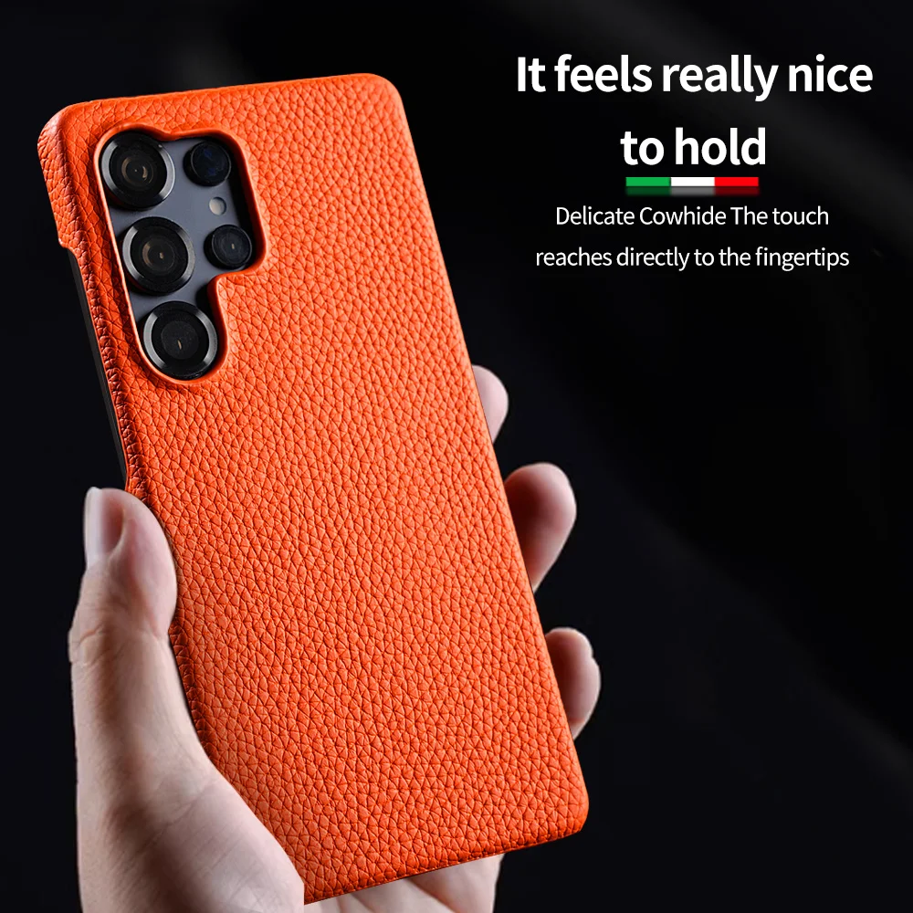 

Natural Cowhide Lychee Leather Phone Case for Samsung Galaxy S24 S25 Ultra Plus for Magsafe Magnetic Protector Luxury Back Cover