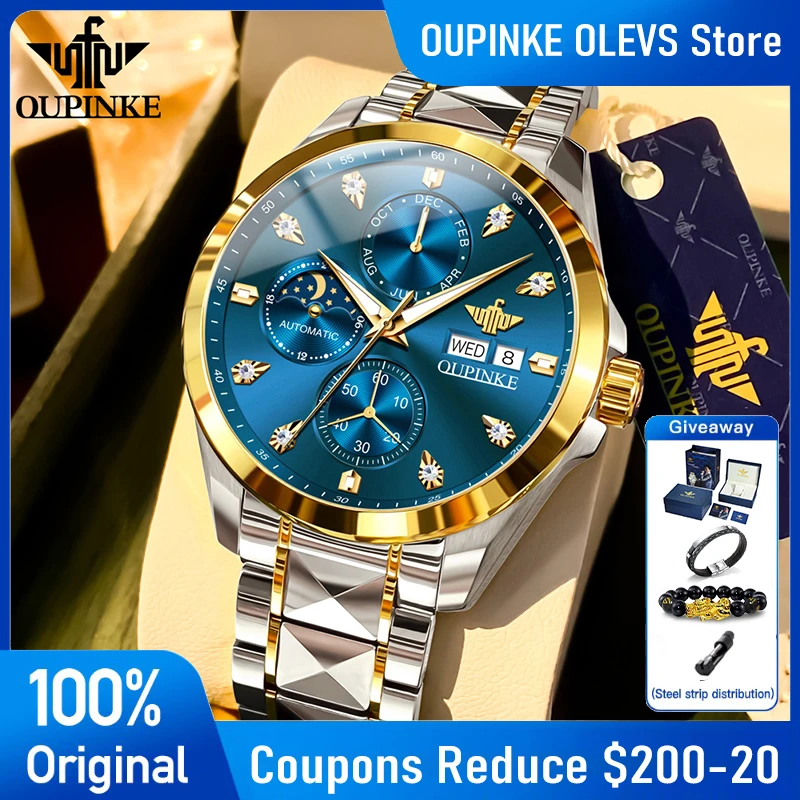 OUPINKE 3298 Watches Man Automatic Mechanical Watch 50M Waterproof Luminous Moon Phase Watch For Man Luxury Gift Box Reloj