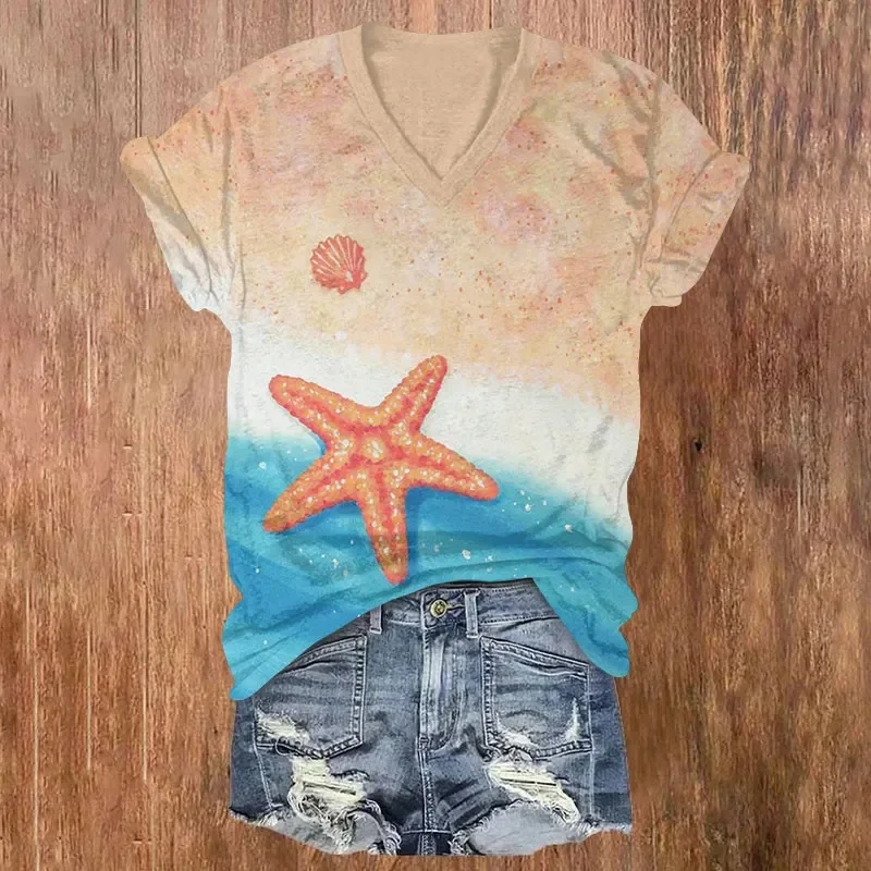 Vintage Crab Swarm Art Print V-neck T-shirt Summer Women's T Shirts view 6