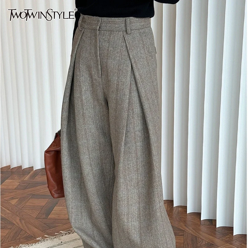 

TWOTWINSTYLE Loose Casual Striped Pant for Women High Waist Temperament Wide Leg Pant Female Fashion Style New