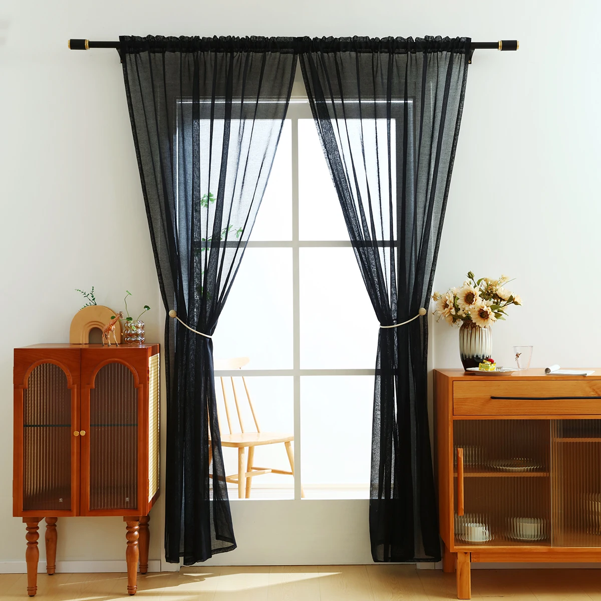1pc Black Polyester Fabric Sheer Curtain,Rod Pocket,Dark Style Translucent Gauze Curtains for the Room Decor