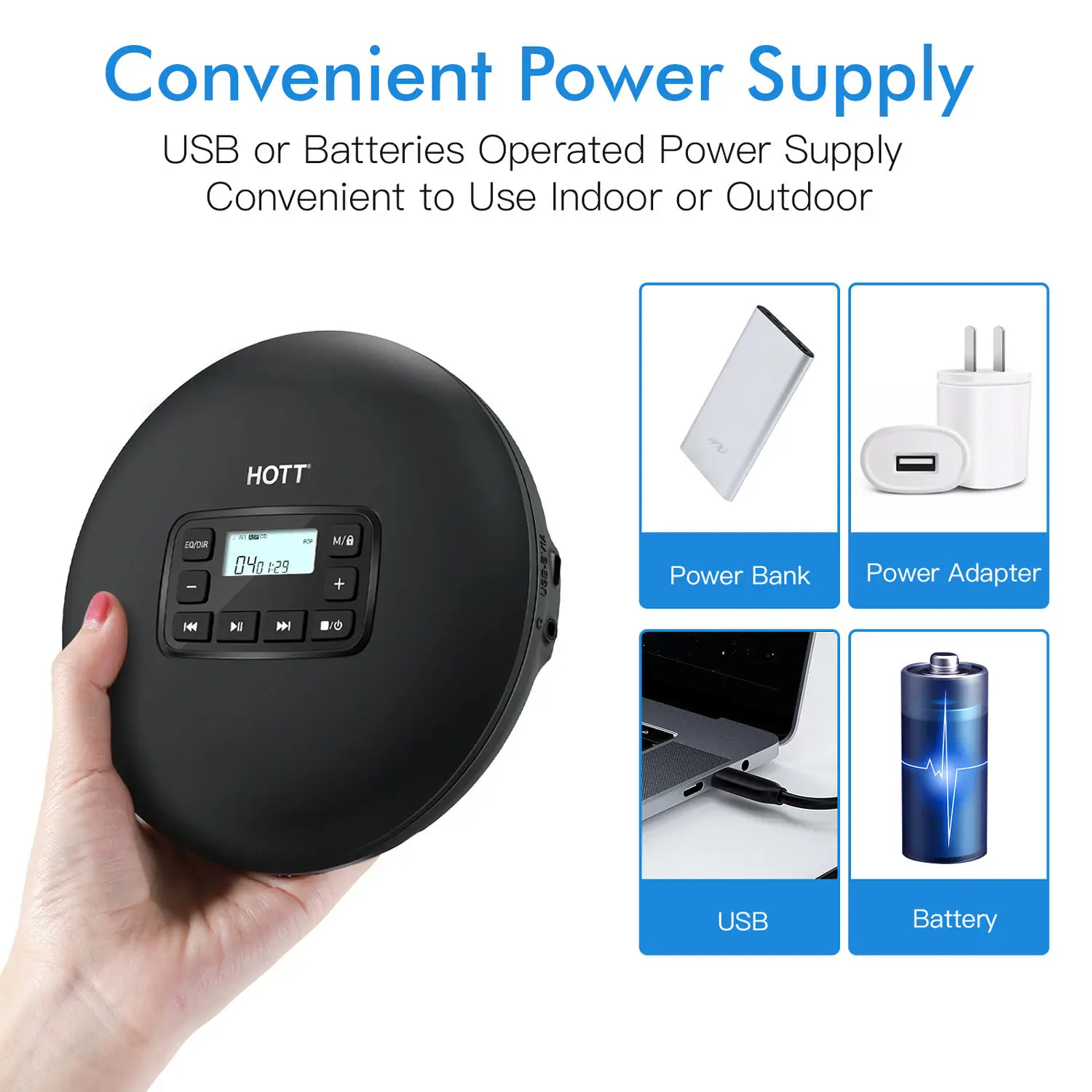 مشغل أقراص CD محمول ساخن للمنزل والسيارة ، مشغل CD مع سماعات ستيريو ، حماية ضد الصدمات ، أسود ، CD204