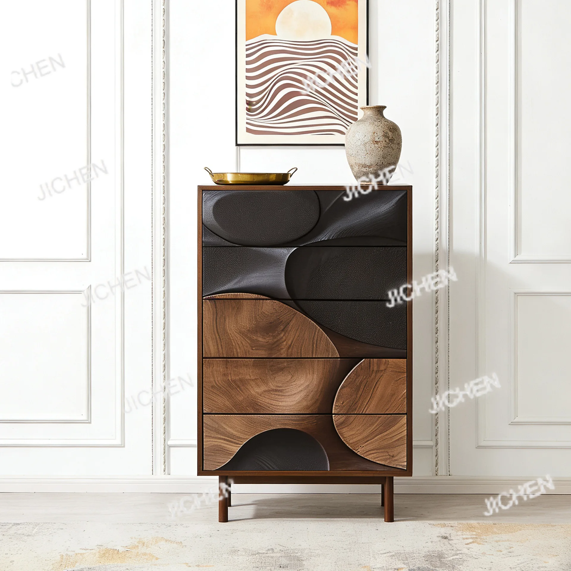 

American and Chinese ancient style walnut black chest side cabinet living room locker creative furniture relief