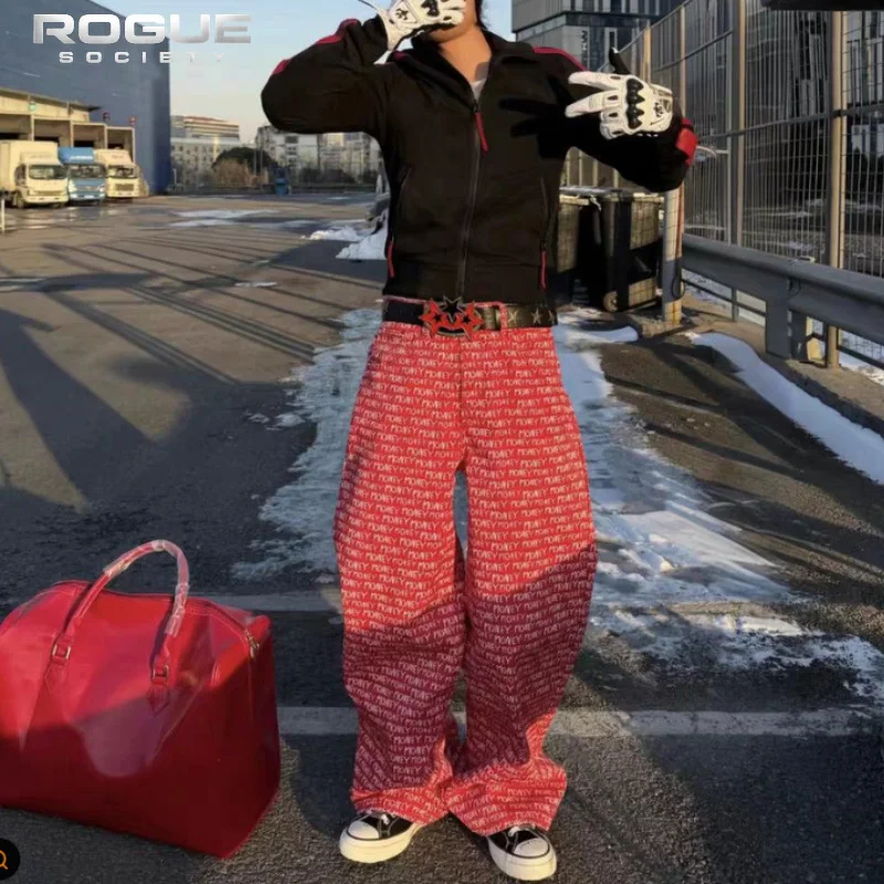 Red Y2k Streetwear Men Baggy Jeans Hip Hop Letter Print Denim Pants Wide Leg Trousers Casual Vintage Fashion Money Print Design