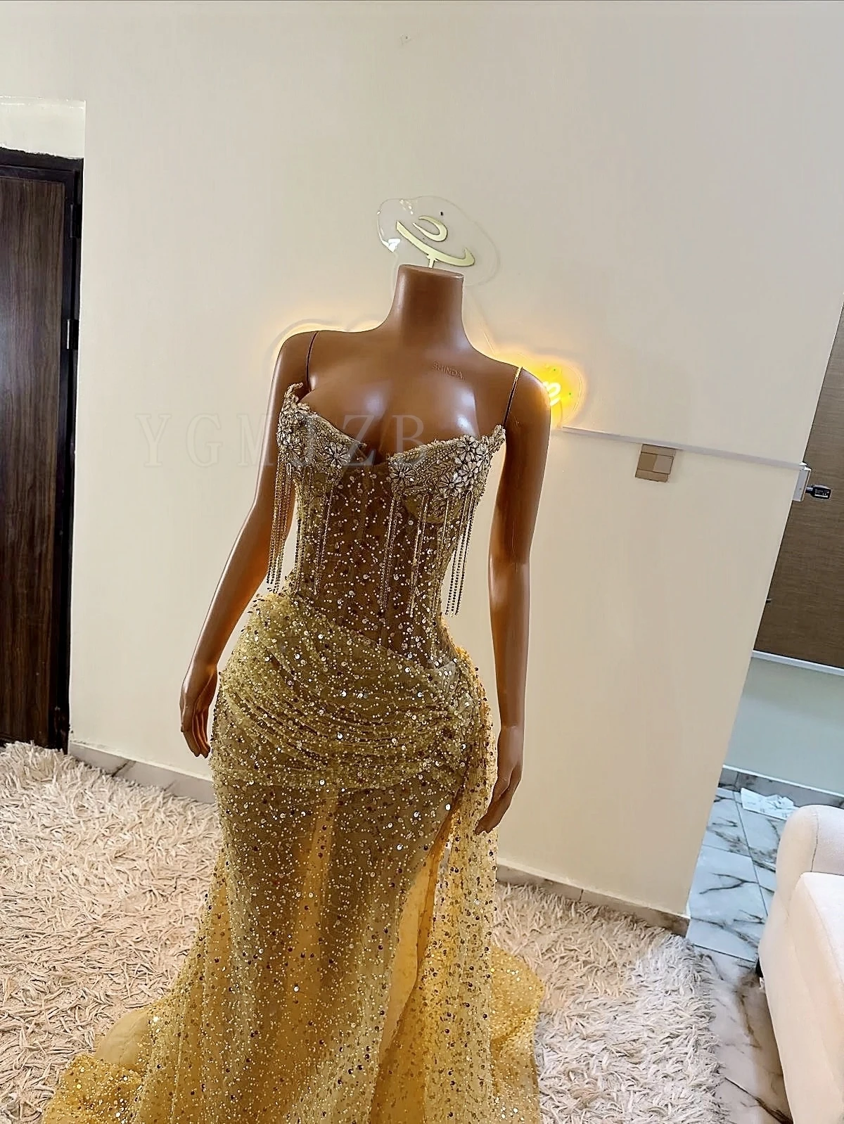 Gold Beaded Lace Prom Dresses Black Girl 2026 Luxury Mermaid Diamonds High Split Wedding Party Birthday Aso Ebi Evening Gowns image 2