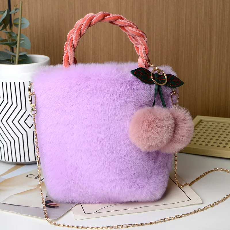 Faux Fur Crossbody Bags for Women Plush Small Purses and Handbag with Pompom Cherry Fluffy String Shoulder Bag Girl Clutch Purse