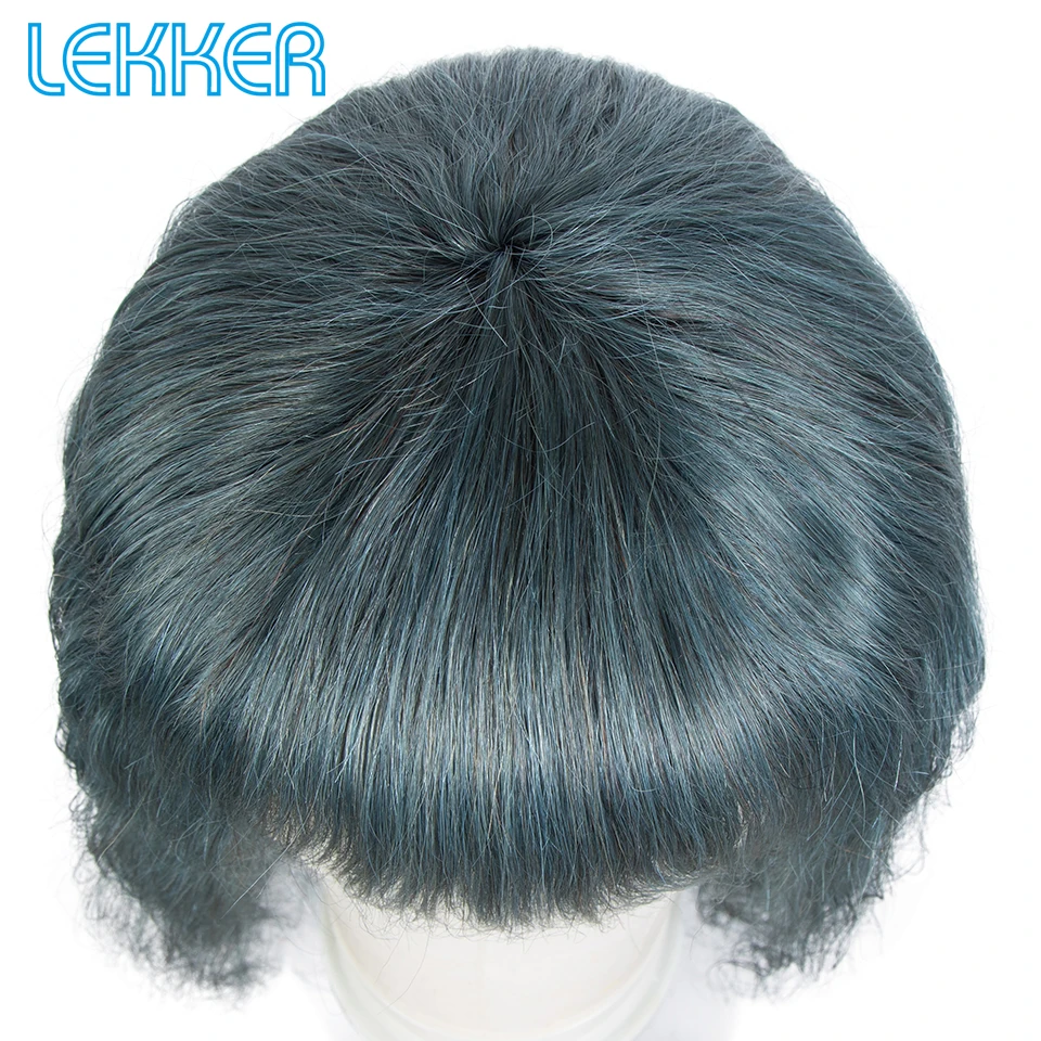 Lekker-Peluca de cabello humano ondulado con flequillo para mujer, pelo Remy brasileño, color gris y azul, largo y ondulado, Cosplay