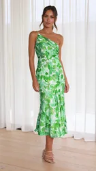 Women's Sleeveless Slanted Shoulder Slim Party Dresses Sexy Off Shoulder Floral Print Elegant Bodycon Fishtail Evening Vestidos