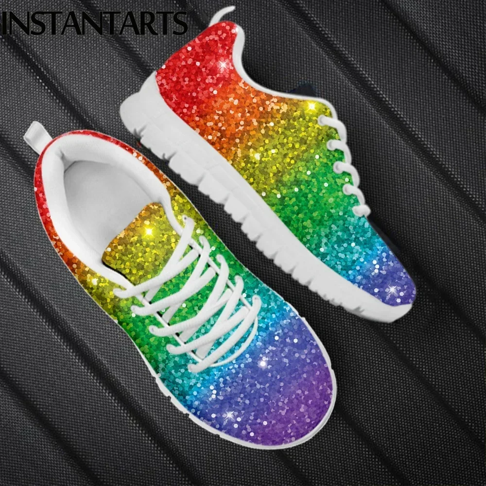 Cool Rainbow Glitter Texture Printed Girls Flat Shoes Breathable Slip-on Mesh Sneakers Outdoor Lace up Scarpe Donna