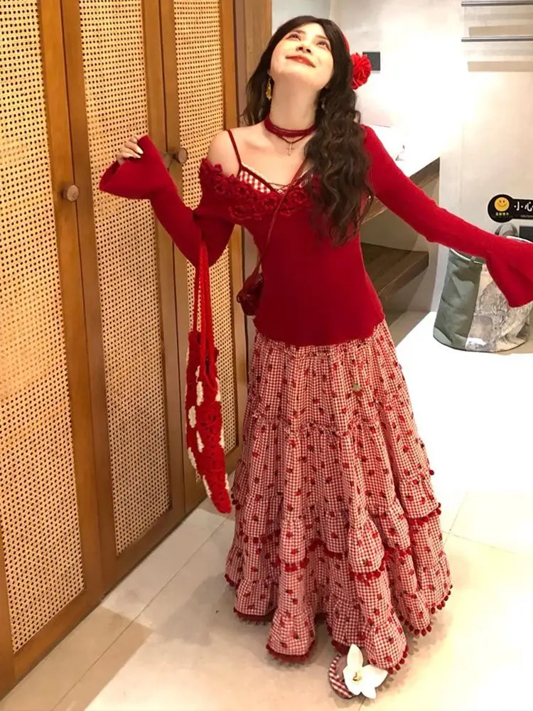 Gonna in pizzo a quadri rossi con palline piccole Gonne lunghe con torta con stampa di fragole per ragazza dolce Corea Chic Abiti casual a vita alta Estate 2025