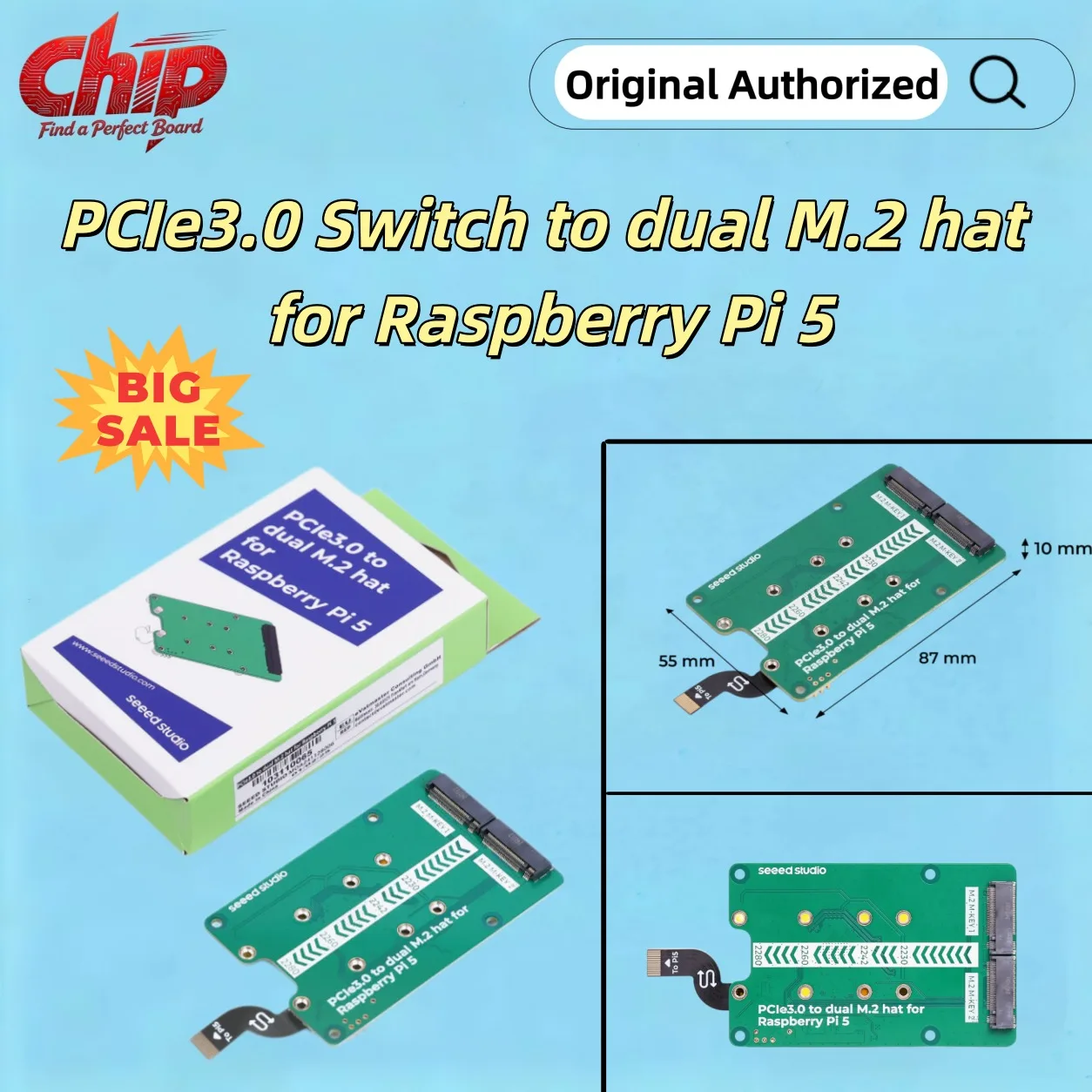 PCIe3.0 Switch to dual M.2 hat for Raspberry Pi 5, Support NVMe SSD, Support Hailo8/8L