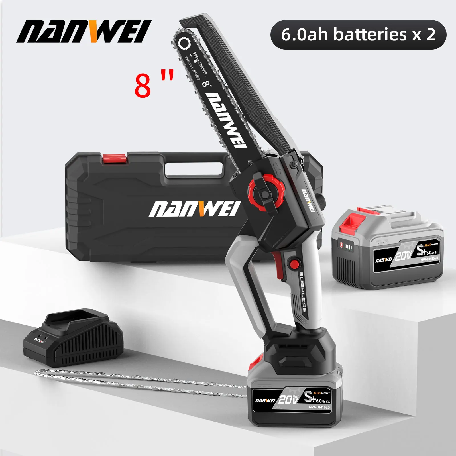 20V Brushless Lithium Battery Garden Outdoor DIY Felling Saw 6/8 inch Home Yard Maintenance Chainsaw