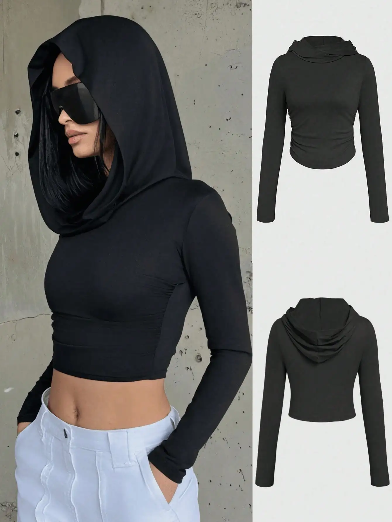 

Женская черная укороченная толстовка с длинными рукавами, приталенного кроя с драпировкой, повседневная уличная одежда для осени и зимы