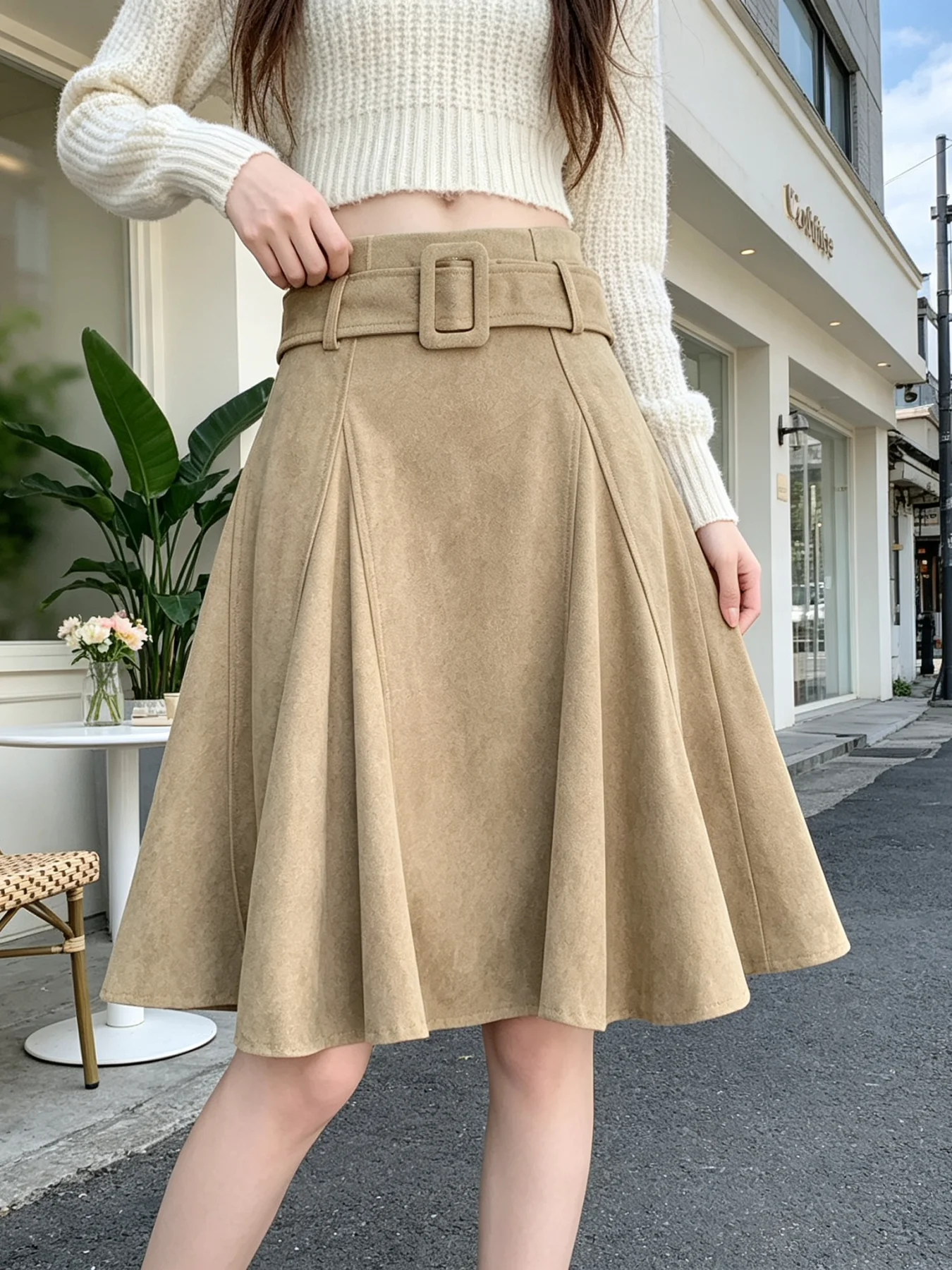 High Waist Suede  Skirt Women's Autumn Winter Pleated A-Line Skirts Coffee Color Five Parts Commute Style Fashion Design
