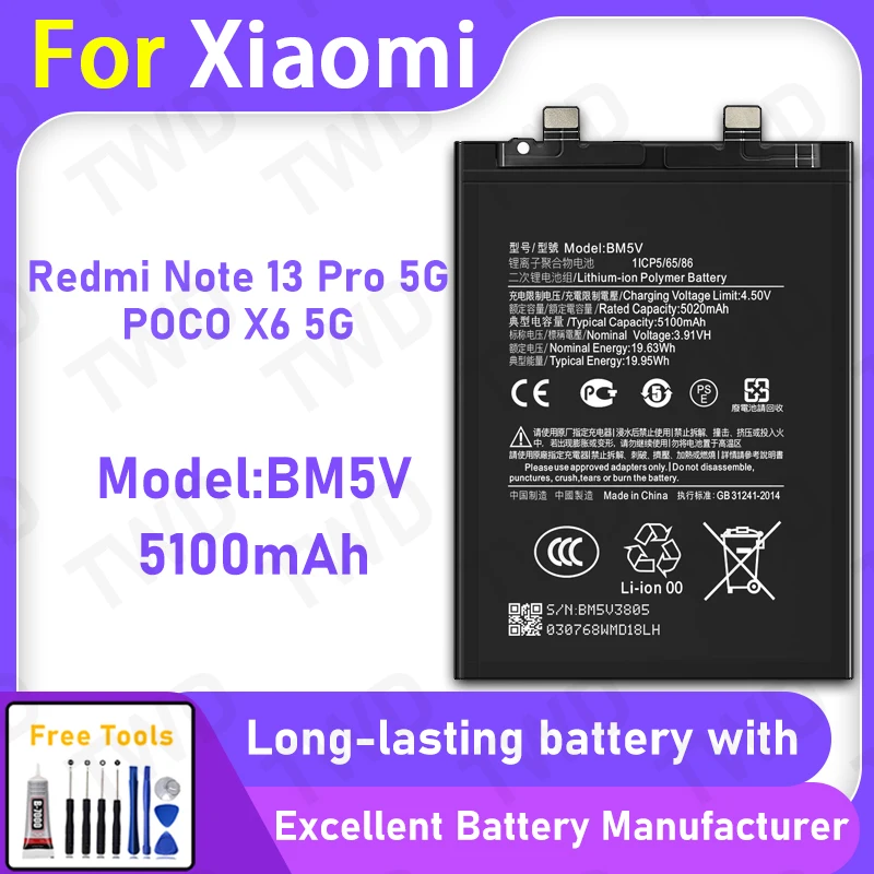 100% New 5100mAh BM5V Battery For Xiaomi Redmi Note 13 Pro 5G/POCO X6 5G Replacement Bateria+Free Tools