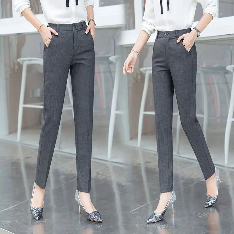 Simplicity Office Lady Summer Suit Pants Thin Women Solid Pockets Zipper High Waist Fashion Slim Straight Ankle Length Trousers