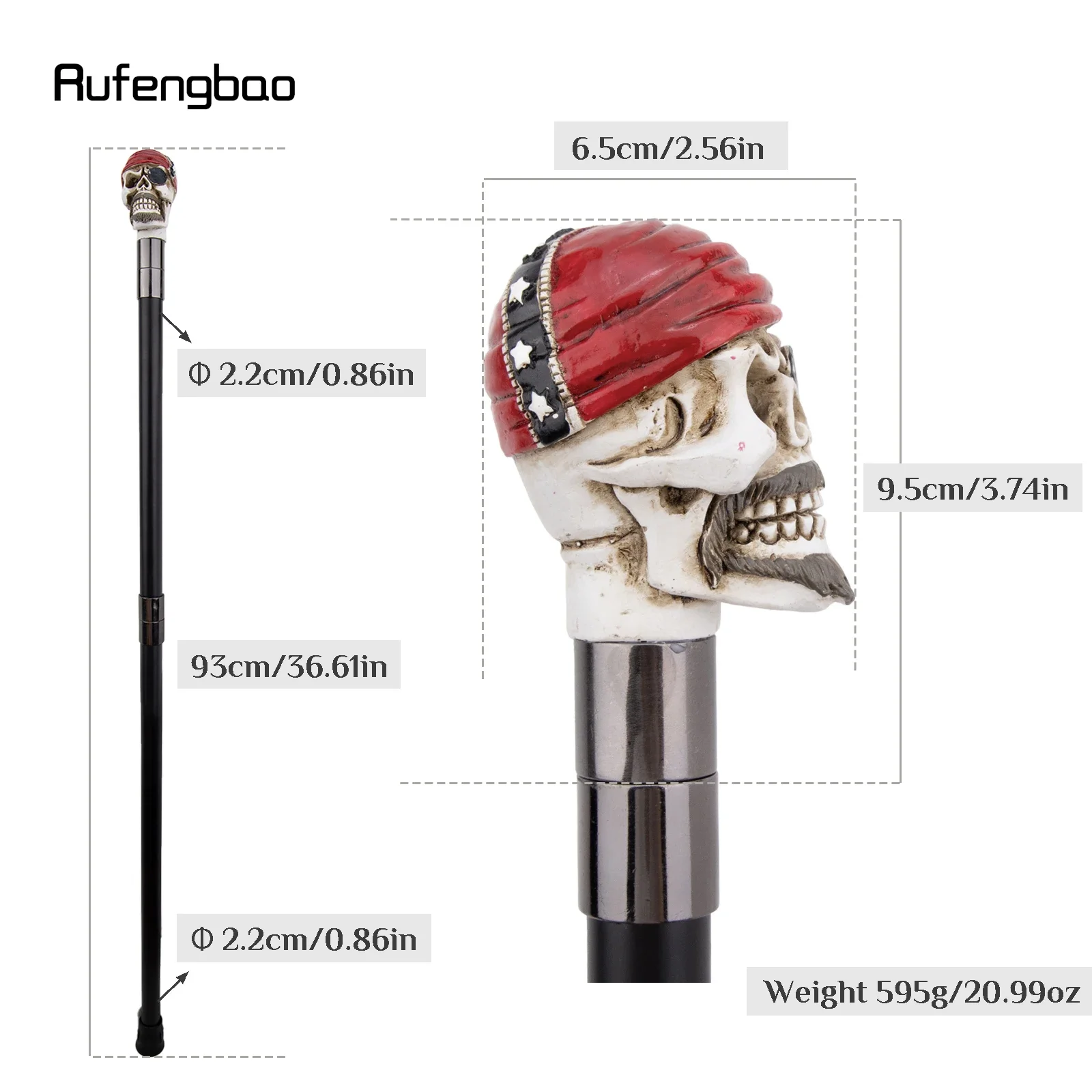 Weißer Harz-roter Hut, Totenkopf-Kopf, Gehstock, modisch, dekorativer Stahlstab, Gentleman, elegant, Cosplay, Gehstockknopf, Crosier, 93 cm