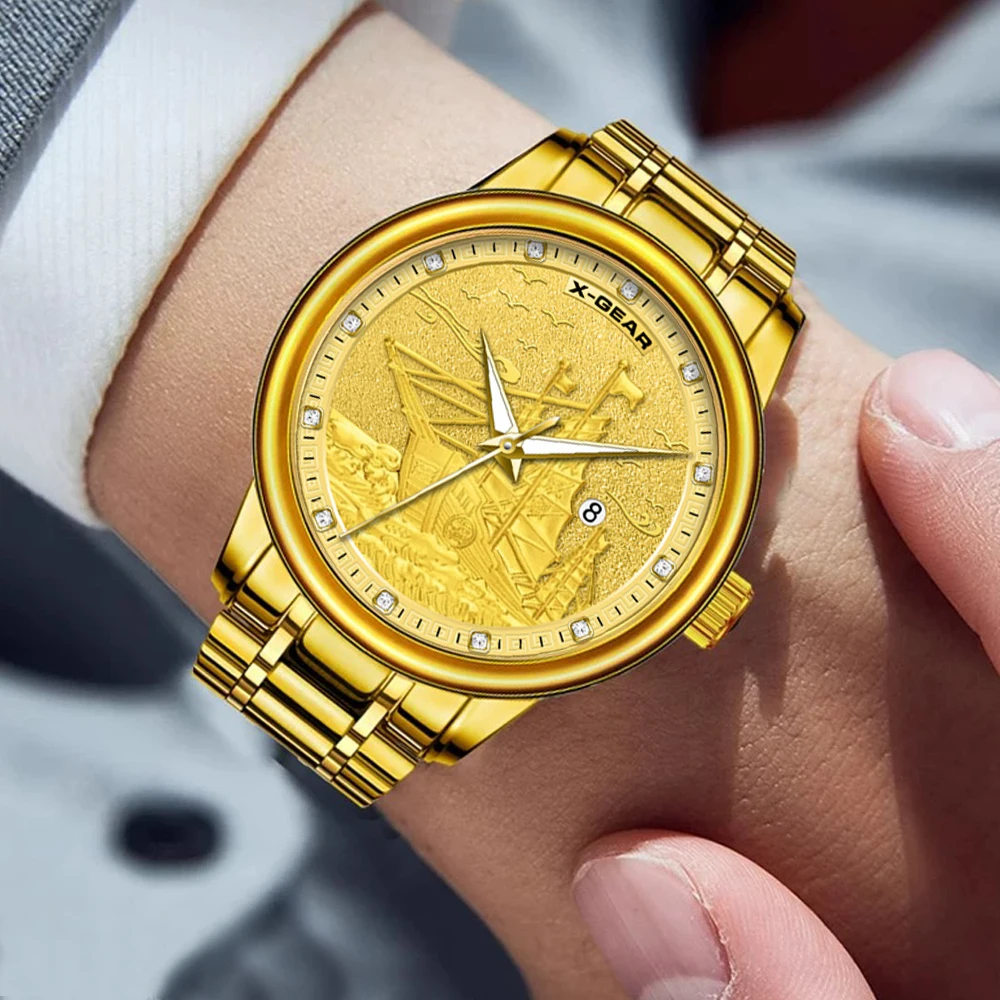 นาฬิกาข้อมือผู้ชาย X-GEAR รุ่น Golden Watch หน้าปัดทรงเรือ กันน้ำ พร้อมปฏิทิน ระบบควอตซ์ ตัวเรือนสแตนเลส