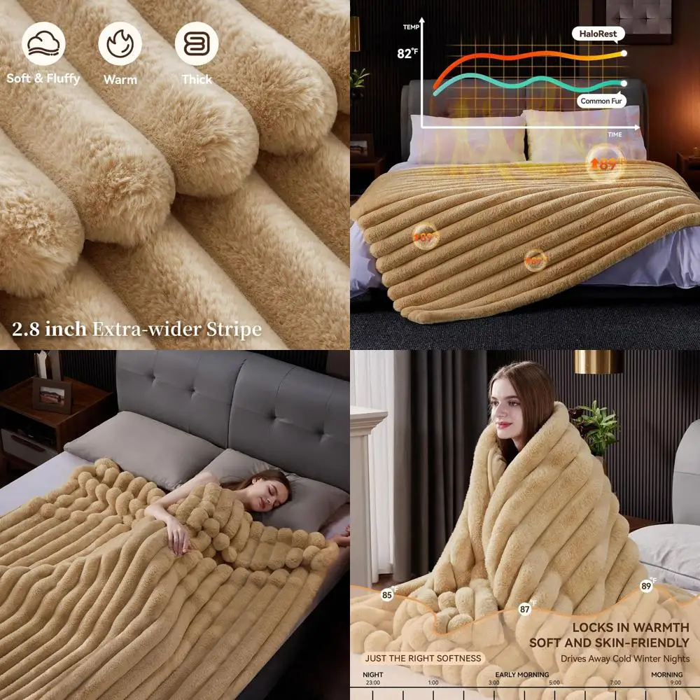 

Queen Size Plush Striped Faux Fur Blanket, 1000GSM Cozy Throw for Bed, Living Room, 80x90 Beige
