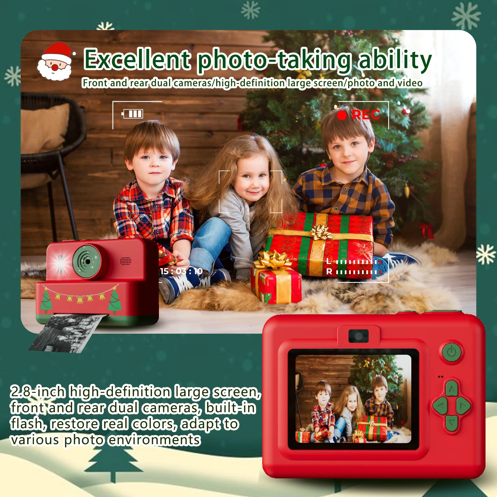 Cámara para Niños, Mini Cámara Digital de Doble Lente con Pantalla IPS de 2.8 Pulgadas e Impresión Instantánea, Cámara de Impresión de Fotos Portátil, Juguete, Regalo de Navidad