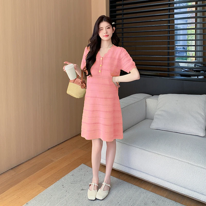 Korean Style Maternity A-line Dress Short Sleeved Loose Casual Button Fly V-Neck Hollow Out Stripe Pregnant Woman Knitting Dress