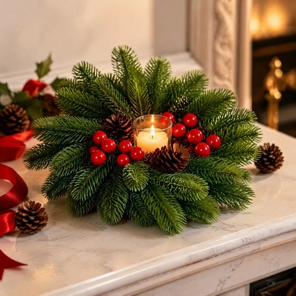 Simulated Christmas Wreath Candlestick Pinecone Handmade Red Berry Candle Wreaths Pine Needle Decorative Garland Candle Stand