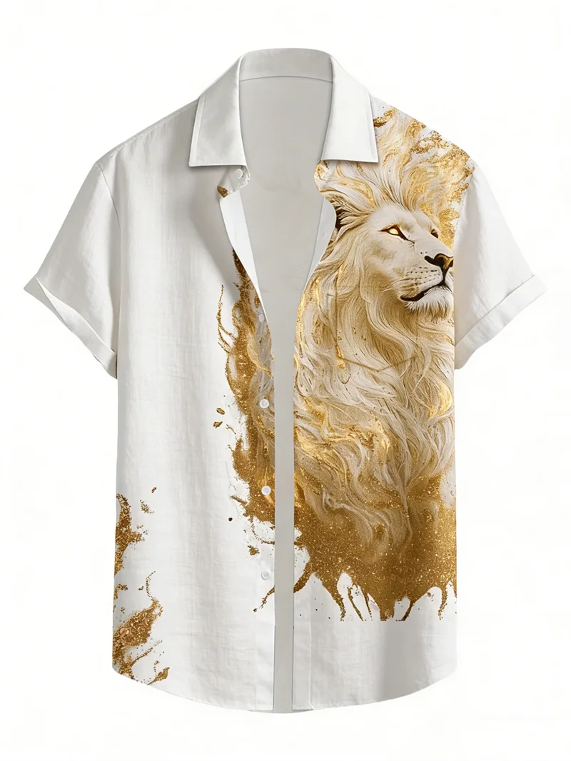 New Chinese style landscape ancient architecture men's short sleeved shirt linen Chinese style lapel casual shirt