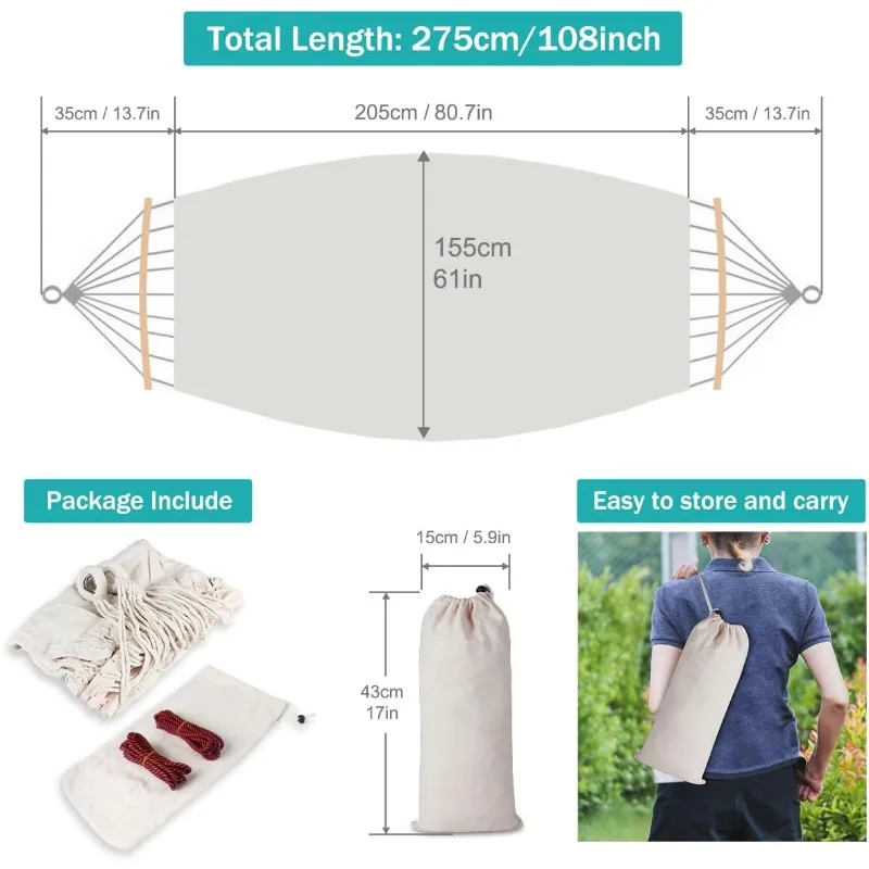 Hammocks Portable Camping Hammock Comfortable Fabric Hammock with Two Anti Roll Balance Beam and Sturdy Metal Knot Tree Straps