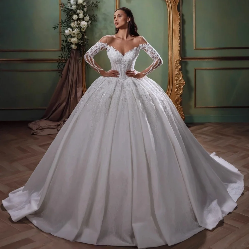 Customzied Lace Applique Wedding Dress Ball Gown Beaded Bridal Gown Full Sleeves Women Holidays Party  Vestido De Novia
