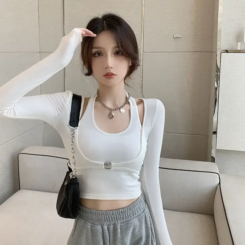 Slim Fit Langarm T-shirts Frauen Solide Stilvolle S-3XL Einfache Chic Halter Gefälschte-zwei Stücke Crop Tops Weibliche Alle-spiel Mode