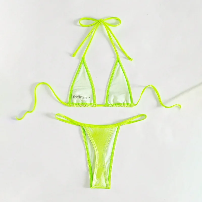 Sexy metálico fluorescente verde brillo micro mini bikinis conjuntos de dos piezas Tanga traje de baño traje de baño biquini tankini