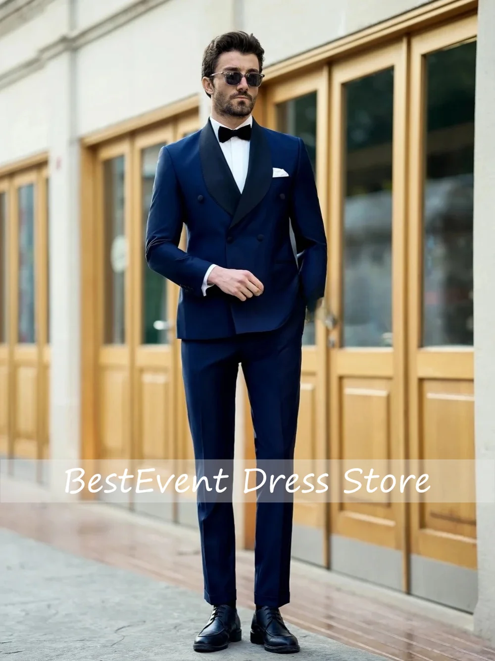 Navy Double Breasted Men's Suit Set Blazer Pants 2 Pieces Slim Fit Shawl Lapel Dresswear For Formal Business Occasion Customized