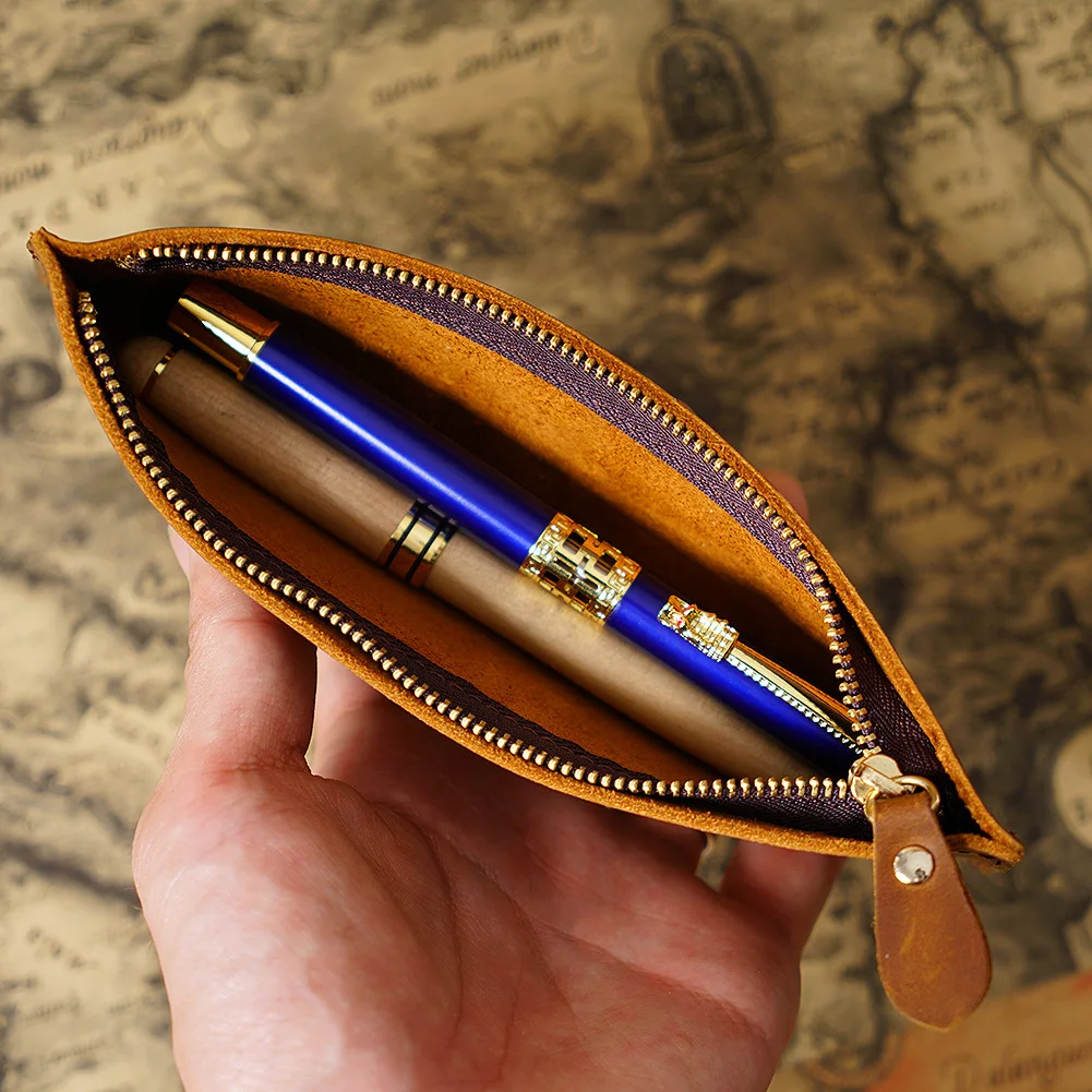 Vintage Genuine Leather Small Pencil Case Handmade Coin Pouch Student Stationery Storage Bag