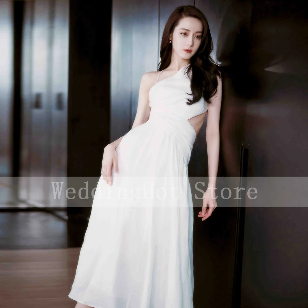 ขายร้อนชุดชื่อเสียง2022 One-Shoulder เซ็กซี่ Gowns พรหมชา-ความยาวแขนกุดซิป A-Line ง่าย Evening ชุด