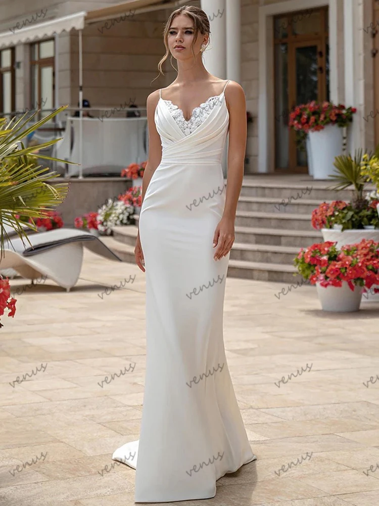 Elegant Wedding Dresses Satin Bridal Gowns Lace Appliques Sleeveless Backless Robes For Formal Party Glamorous Vestidos De Novia