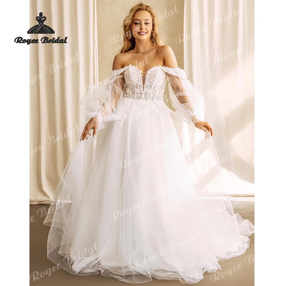 Floral Off Shoulder A Line Wedding Dresses 2026 Detachable Puffy Sleeves Beach Bridal Gown Customized vestido de novia