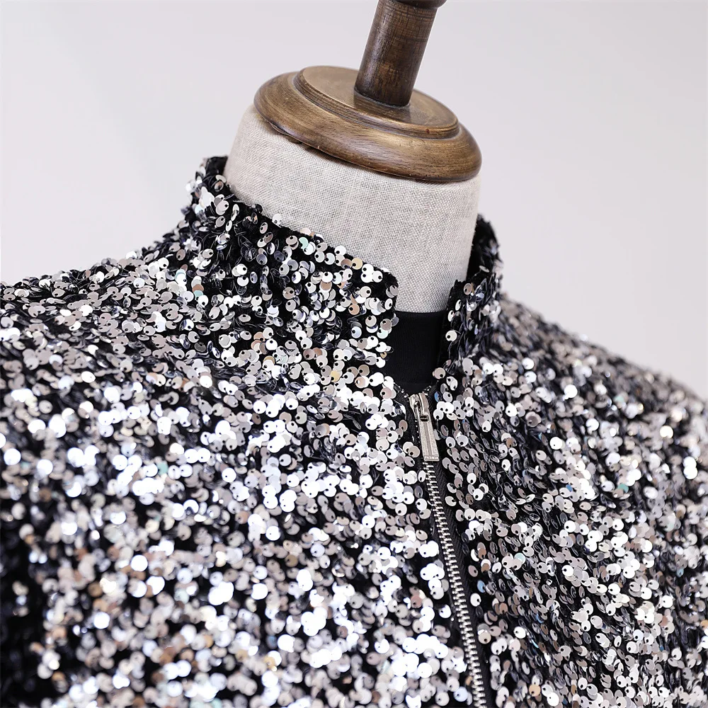 Glitter Gold Silver Sequins Blazers Bar Nightclub Male Singer Concert Stage Jacket Zipper Stand Collar Long Coat Shining Costume