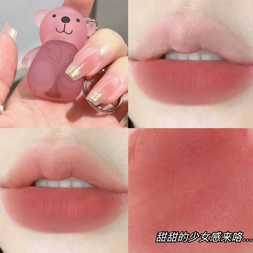 Cute Bear Keychain Lip Mud Nude Matte Liquid Lipstick Waterproof Long Lasting Lipgloss Moisturizing Lip Tint Korean Cosmetics