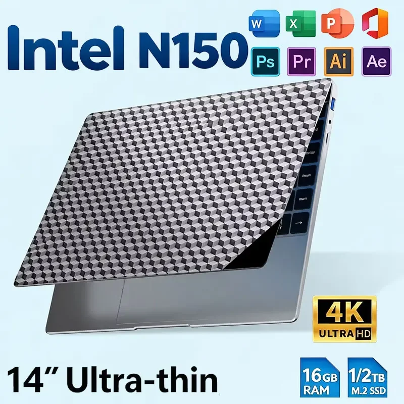 New 14.1" Laptop Intel N150 16GB RAM 1/2TB SSD Gaming PC Ultra Slim Office Study Computer PC Windows 11 Pro 1920*1080 HD