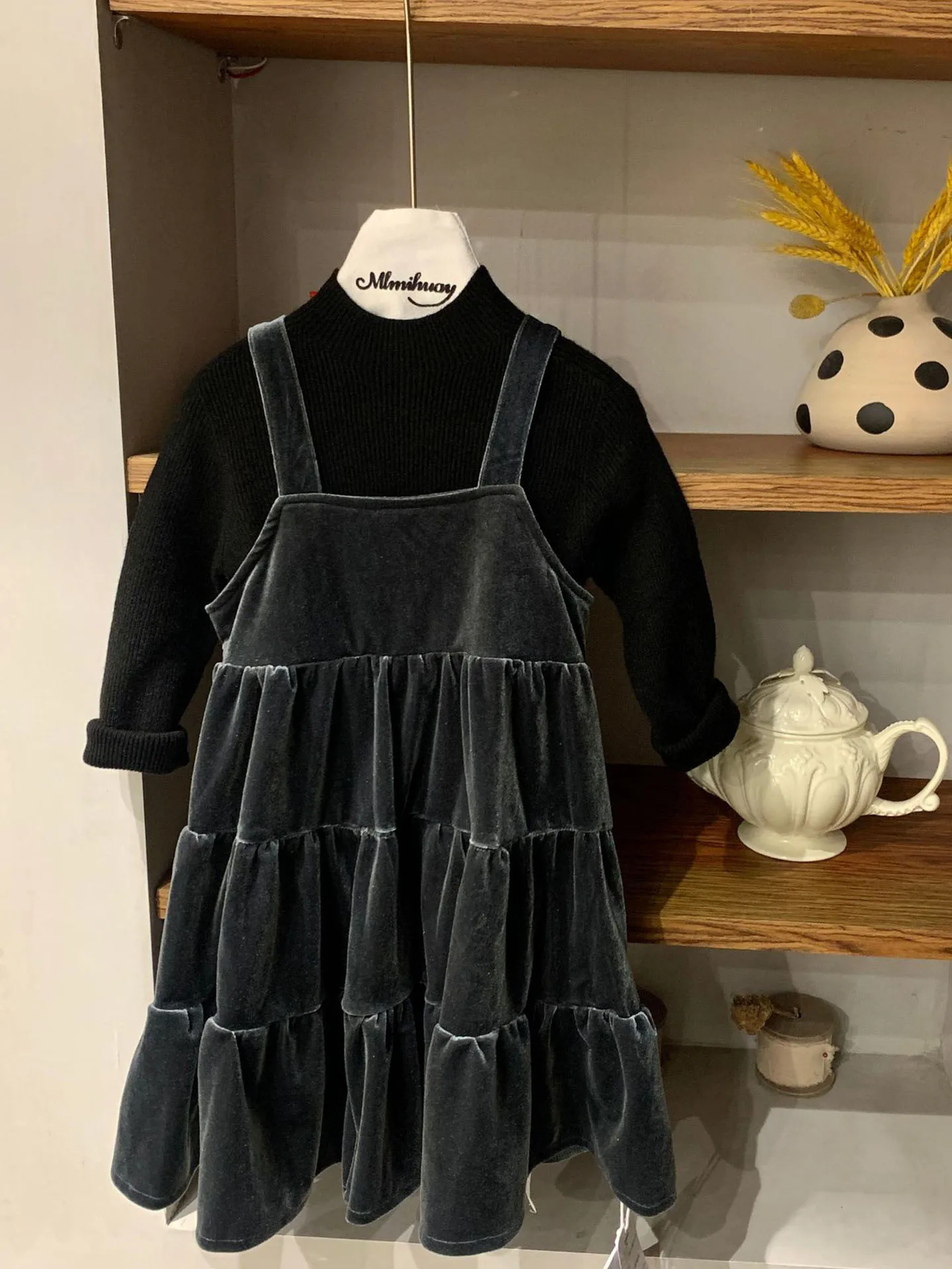 Girls Velvet Dress Sleeveless Casual Winter Fall Princess Christmas Party Suspender Dresses Black Grey Outfits Jumper Skirt