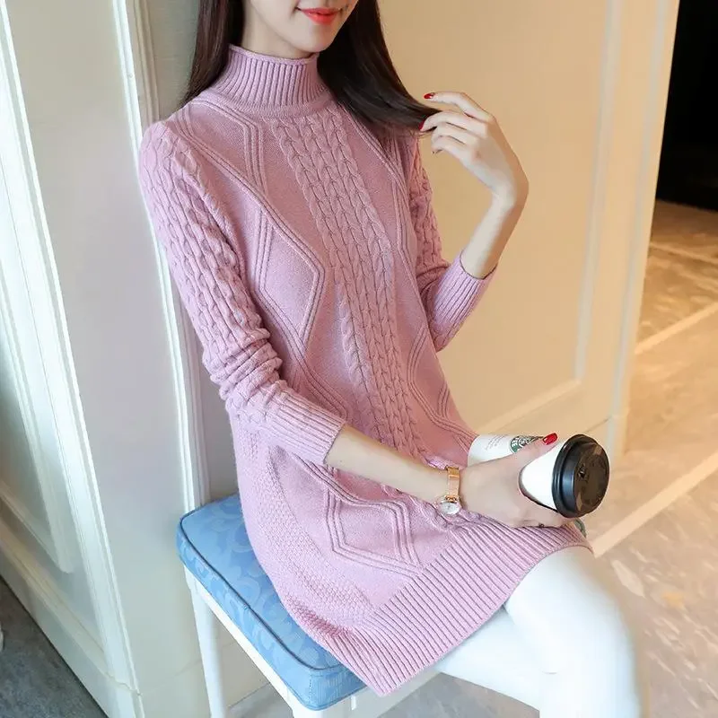 2025 New Autumn Winter Long Knitted Sweater Women Fashion Pullovers Dress Casual Korean Clothes Warm Female Long Sleeve Tops