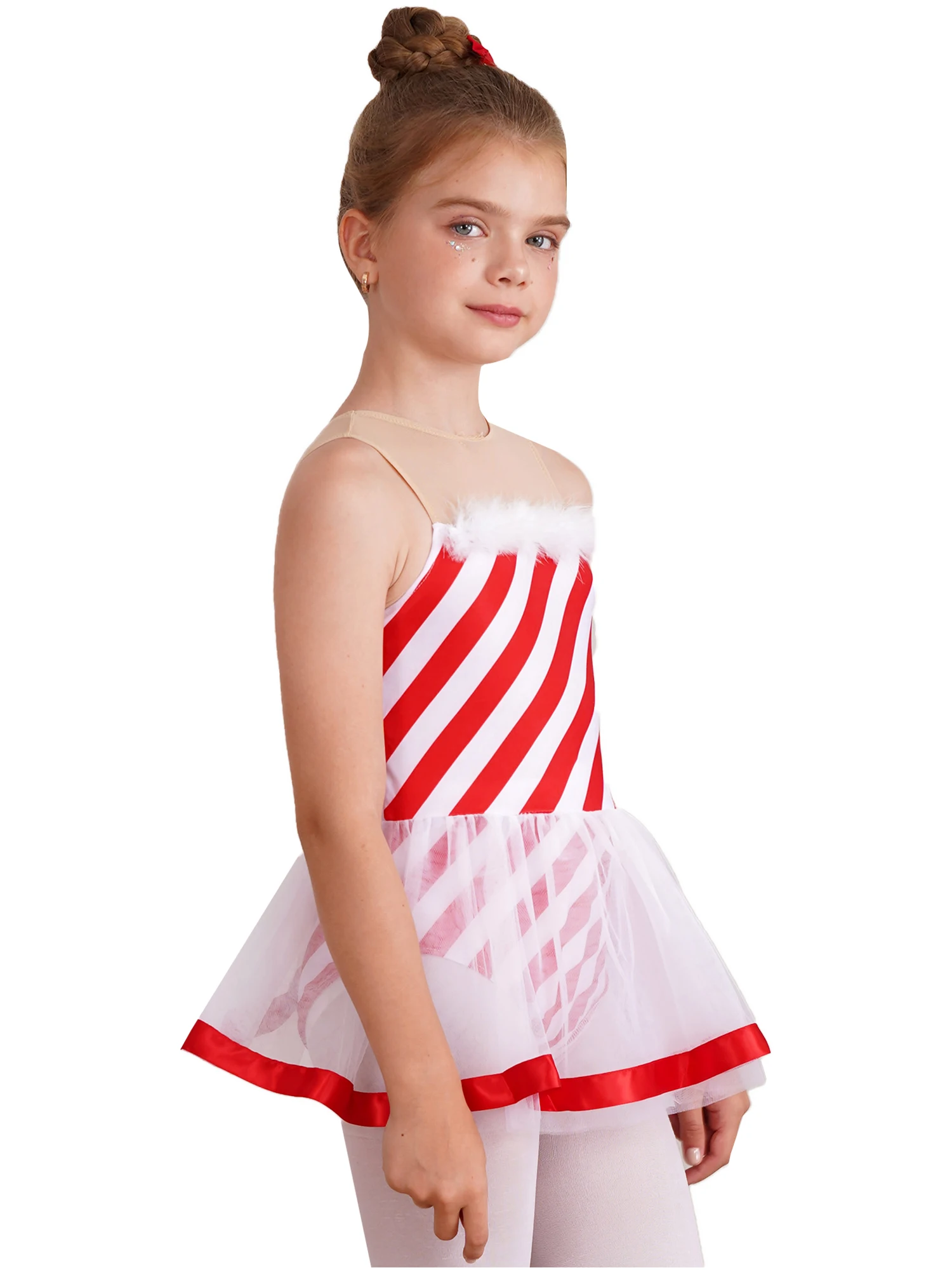 Kids Girls Candy Cane Christmas Costume Pageant Party Stripe Ballet Dance Figure Ice Skating Tutu Dress Leotard Dancewear