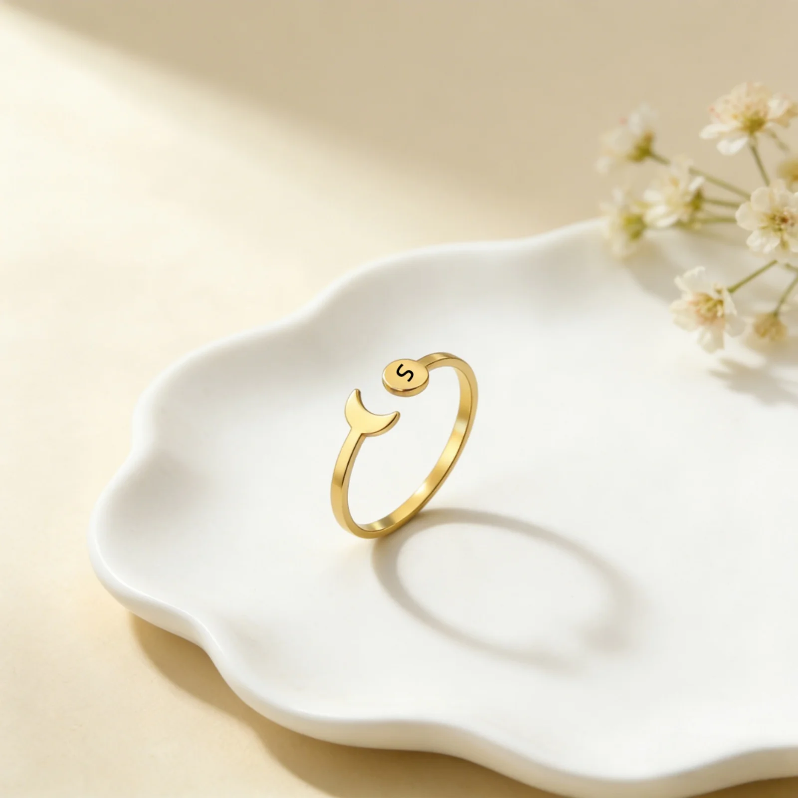 Customized Name A-Z Initial Retro Moon Phase Ring Stainless Steel Personalized Simple Crescent Sun Ring Couple Jewelry Gift
