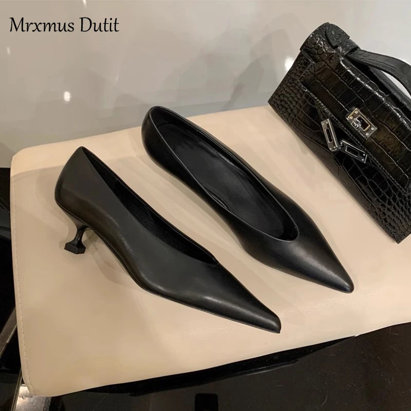 Mrxmus Dutit 2023 Spring Autumn Fashion Asakuchi Pointed Mid Heel Shoes Stiletto All-match Solid Color Simple Work Shoes Women