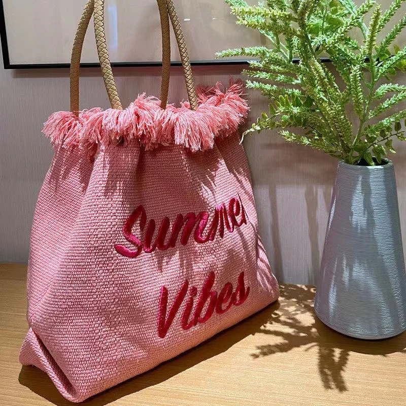 Pink Summer Vibes Canvas Rope Tote Beach Bag Women with Tassel Side