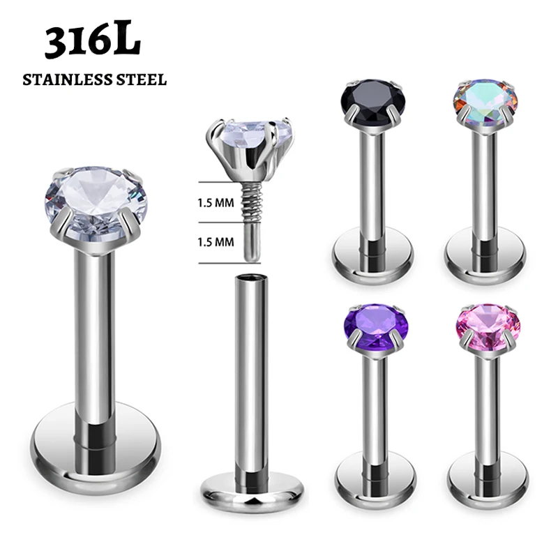 10Pc 18G/16g/14g 316L Stainless Steel Piercing CZ Lip Labre Earrings set Lip Stud Tragus Free Spiral Cartilage Jewelry For Women