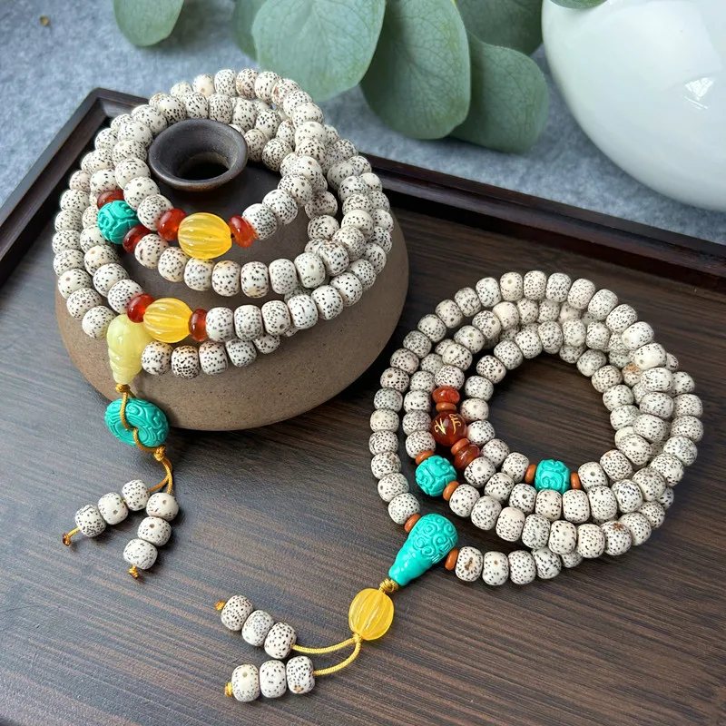 Hainan Star Moon 108 Beads Multi-loop Bracelet Necklace with Smooth White Bodhi Seeds for Meditation and Buddhist Practice